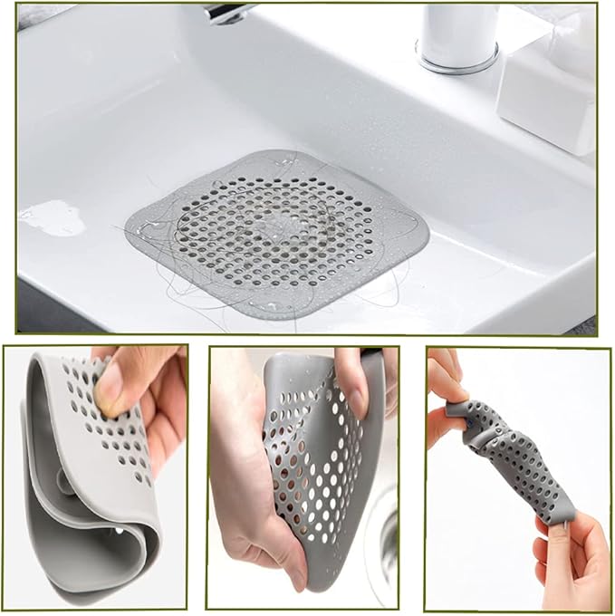 Pack of 2 Silicone Drain Strainer, Shower Hair Catcher, Bathtub Drain Cover, Drain Strainer for Bathroom Bathtub and Kitchen (1 Grey 1 White
