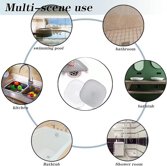 Pack of 2 Silicone Drain Strainer, Shower Hair Catcher, Bathtub Drain Cover, Drain Strainer for Bathroom Bathtub and Kitchen (1 Grey 1 White